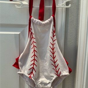 Red and White Baseball Stitch Baby ruffle Romper